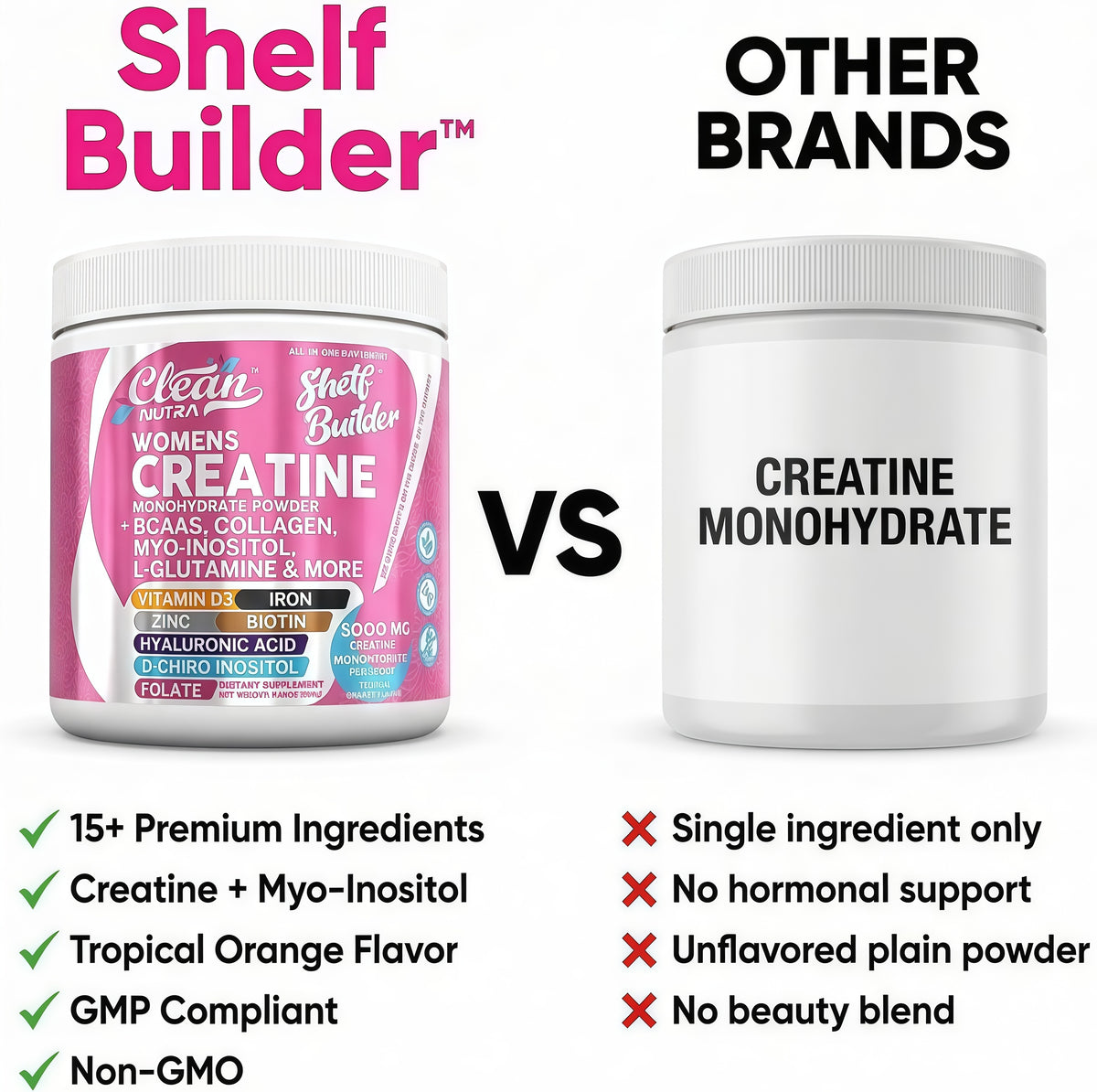 Creatine for Women | Creatine Monohydrate + BCAA Powder Myo-Inositol Collagen Biotin Hyaluronic Acid Folate L Glutamine Vitamin D3 Iron Zinc D-Chiro-Maca Digestion Shelf Builder By Clean Nutra